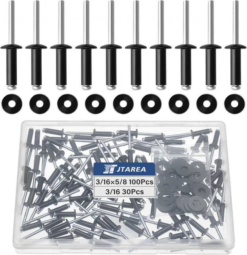 JTAREA 130pcs 3/16" x 5/8" Black Aluminum Pop Rivets with Stainless Steel Washers 4.8 x 16mm Blind Rivet Assortment Kit - Image 1
